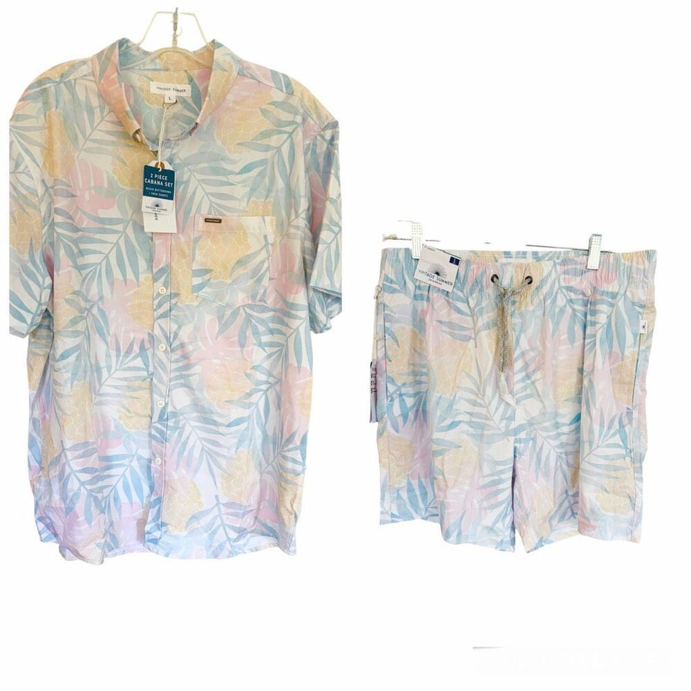 Vintage Summer Men Cabana Shirt Shorts Set Tropical Sz L NWT